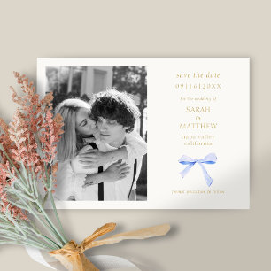 Dusty Blue Ribbon Bow Benvitt Spara datum Inbjudningar