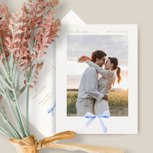 Dusty Blue Ribbon Bow Benvitt Spara datum Vykort