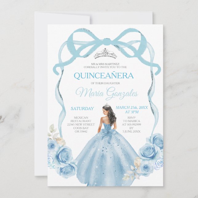 Dusty Blue Ribbon Bow Princess Mis Quince Inbjudningar (Framsida)