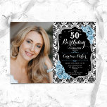 Dusty Blue Ro Black Damask Photo 50:e födelsedagen Inbjudningar<br><div class="desc">Femininininbjudan till elegantens blommigt på 50 år med ditt foto. Glam svartvit, dammig blå design med faux glitter silver. Innehåller svartvit dämpningsmönster, blått ro, typsnitt för skript och kontur. Perfekt för en snyggt vuxen under firande party. Anpassa med dina egna detaljer. Kan anpassas för vilken ålder som helst! Skrivna Zazzle-inbjudningar...</div>
