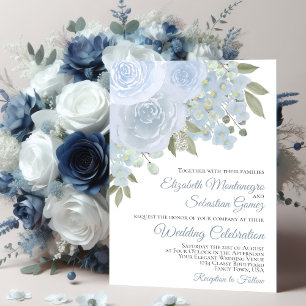 Dusty Blue Ro & Blommar Elegant bröllop Inbjudningar