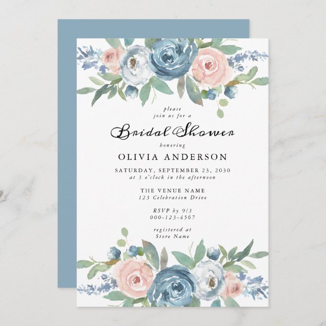 Dusty Blue &  Ro Blommigt Möhippa Inbjudningar (Fram/baksida)