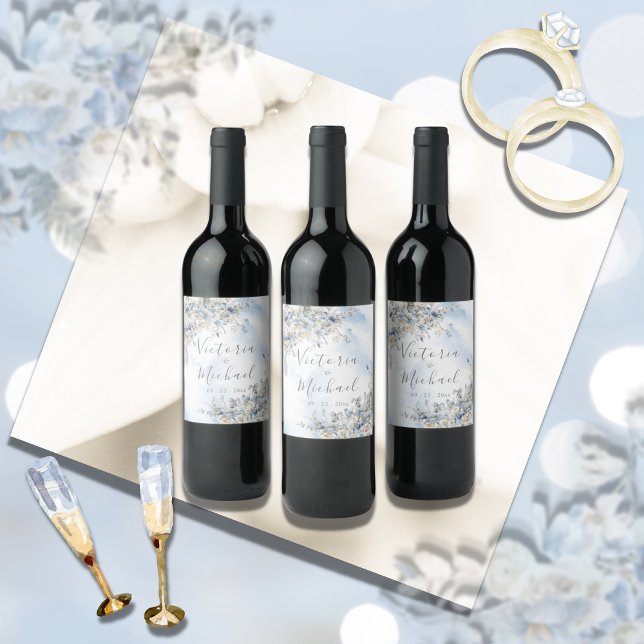 Dusty Blue Ro Blommigt Persoonalized Bröllop Vinflaska Etikett (Skapare uppladdad)