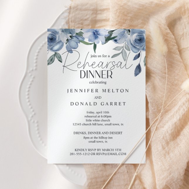 Dusty Blue Ro Flowers Bröllop Rehearsal Dinner Inbjudningar (Skapare uppladdad)