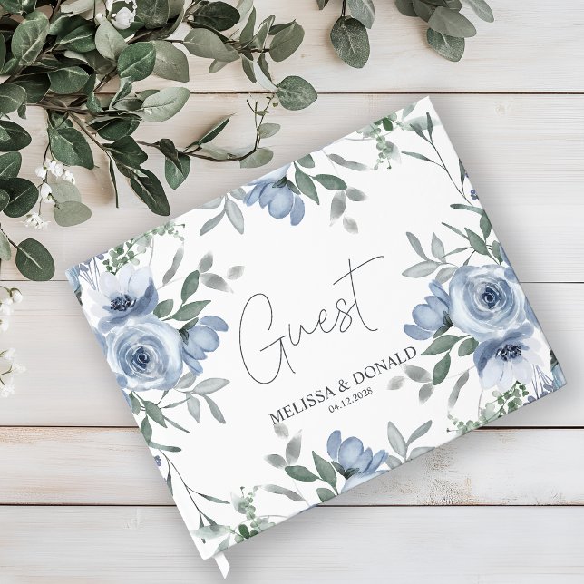 Dusty Blue Ro Flowers Simple Boho Bröllop Gästböcker (Skapare uppladdad)