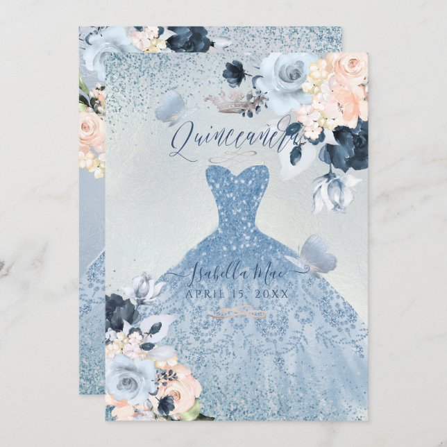 Dusty Blue+ Ro Glitter Gown Quinceanera Inbjudningar (Fram/baksida)