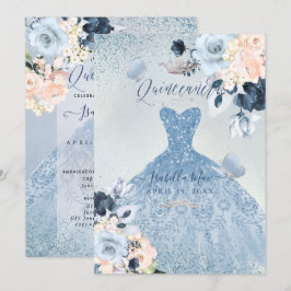 Dusty Blue+ Ro Glitter Gown Quinceanera Inbjudningar