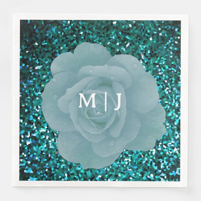 Dusty Blue Ro Glittery Monogram Elegant bröllop Pappersservett (Framsida)
