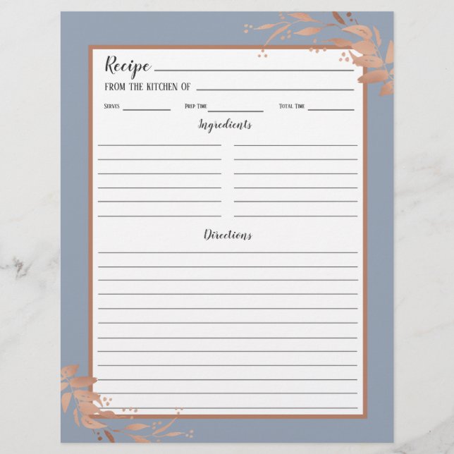 Dusty Blue Ro Guld Foliage Recipe Binder Page (Framsida)