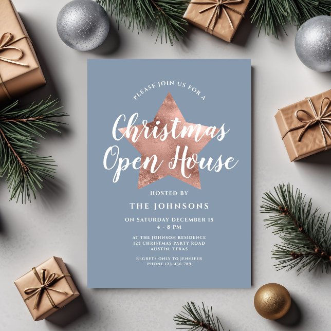 Dusty Blue Ro Guld Star - Julhus, öppet hus Inbjudningar (Dusty Blue Rose Gold Star Christmas Open House Invitation)