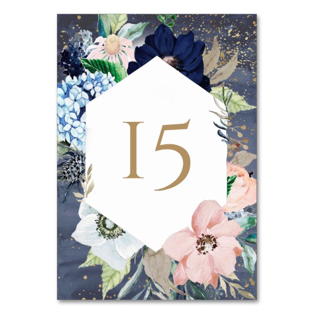 Dusty Blue Ro Guld Watercolor Blommigt Bordsnummer (Framsidan)