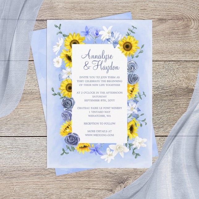 Dusty Blue Ro, Gult Solblommor Bröllop Inbjudningar (sunflowers and dusty blue rose wedding invitations, yellow gold sunflowers wedding theme)