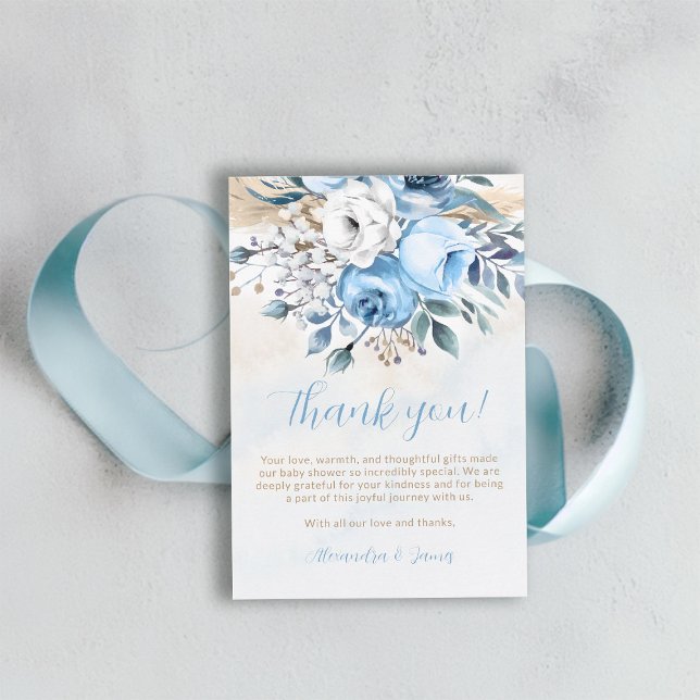 Dusty Blue Ro i Bloom Vår, sommarstödsprogram Tack Kort (baby in bloom shower thank you dusty blue roses watercolor garden backyard rustic spring summer fall)