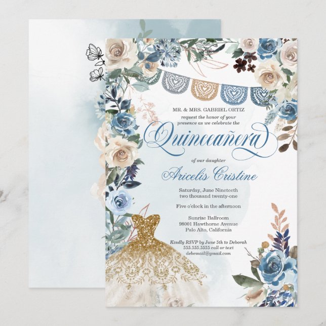 Dusty Blue Ro Papel Picado Land Quinceañera Inbjudningar (Fram/baksida)