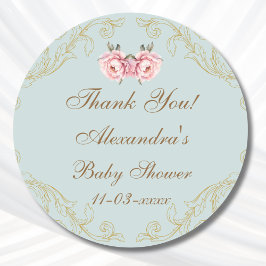 Dusty Blue Rococo Peony Baby Shower Tack Runt Klistermärke