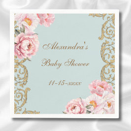 Dusty Blue Rococo Rosa Blommigt Baby Shower Pappersservett