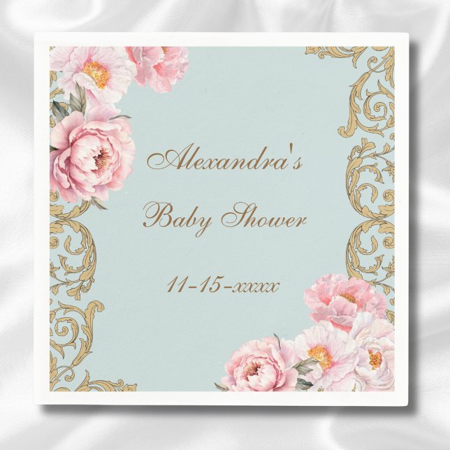Dusty Blue Rococo Rosa Blommigt Baby Shower Pappersservett (Skapare uppladdad)