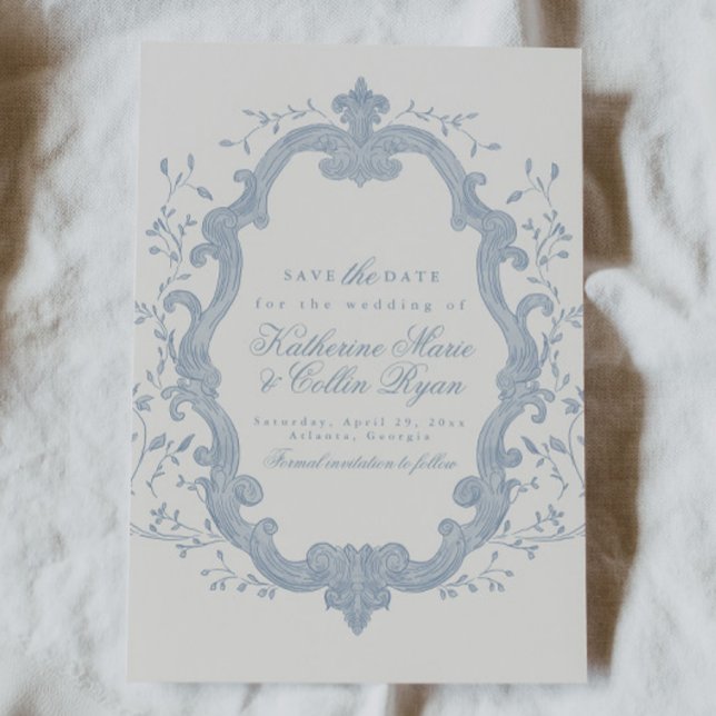 Dusty Blue Rococo Save The Date Card Inbjudningar (Skapare uppladdad)