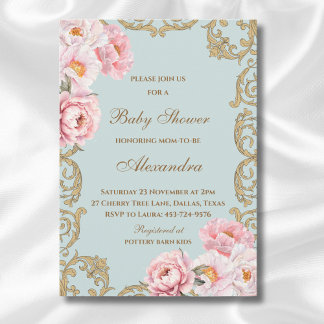 Dusty Blue Rococo Vintage Blommigt Baby Shower Inbjudningar