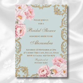 Dusty Blue Rococo Vintage Peony Möhippa Inbjudningar