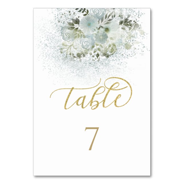 Dusty blue romantic blommigt guld calligraphy bordsnummer (Framsidan)