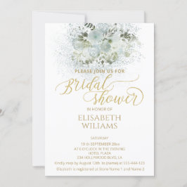 Dusty blue romantic blommigt guld calligraphy inbjudningar