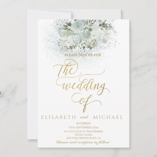 Dusty blue romantic blommigt guld calligraphy inbjudningar (Framsida)