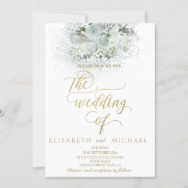 Dusty blue romantic blommigt guld calligraphy inbjudningar