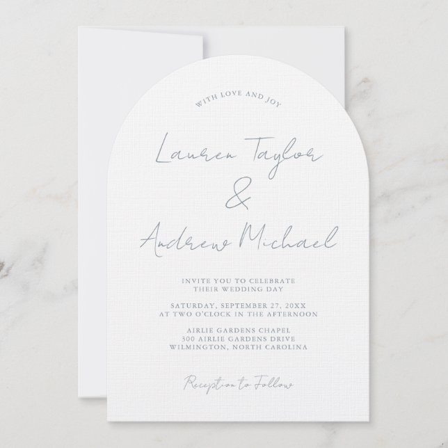 Dusty Blue Romantic Modern Arch Wedding Invitation Inbjudningar (Framsida)