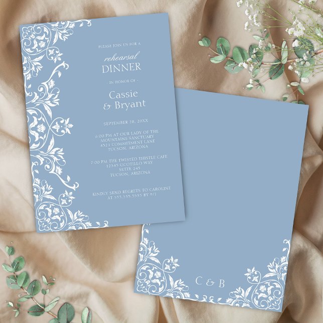 Dusty Blue Romantic Rehearsal Middagsinbjudan Inbjudningar (romantic dusty blue and white wedding rehearsal dinner invitation for old money bridgerton events)