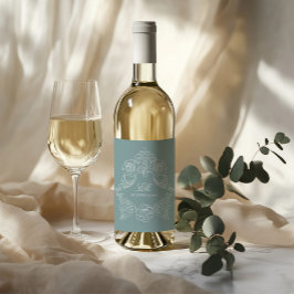 Dusty Blue Romantic Vapensköld Monogram Vinflaska Etikett