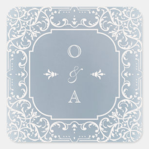 Dusty blue romantic vintage bröllop monogram fyrkantigt klistermärke