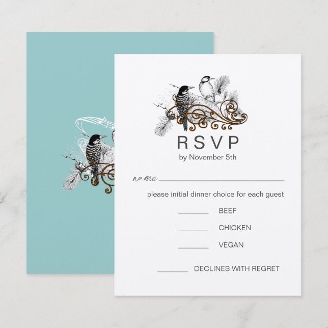 Dusty Blue Romantisk Hackspett Love Birds RSVP Inbjudningar (Fram/baksida)