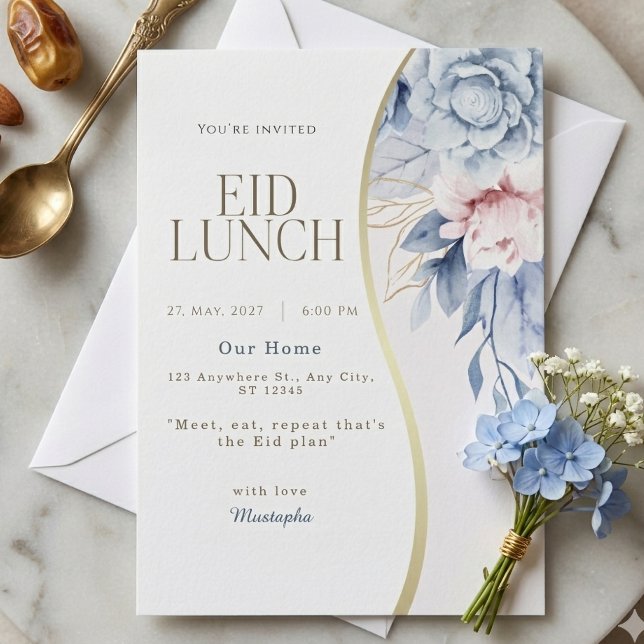 Dusty Blue Rosa Blommig Guld Kurva Eid Lunchfest  Inbjudningar (Skapare uppladdad)