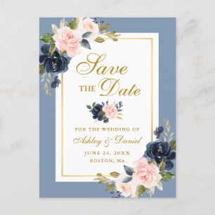 Dusty Blue Rosa Blommig Spara Datum Guld Meddelande Vykort