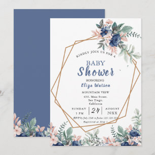 Dusty Blue Rosa Blommigt Baby Shower Inbjudningar