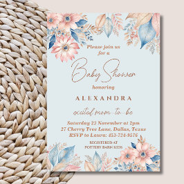 Dusty Blue Rosa Blommigt Boho Chic Baby Shower Inbjudningar