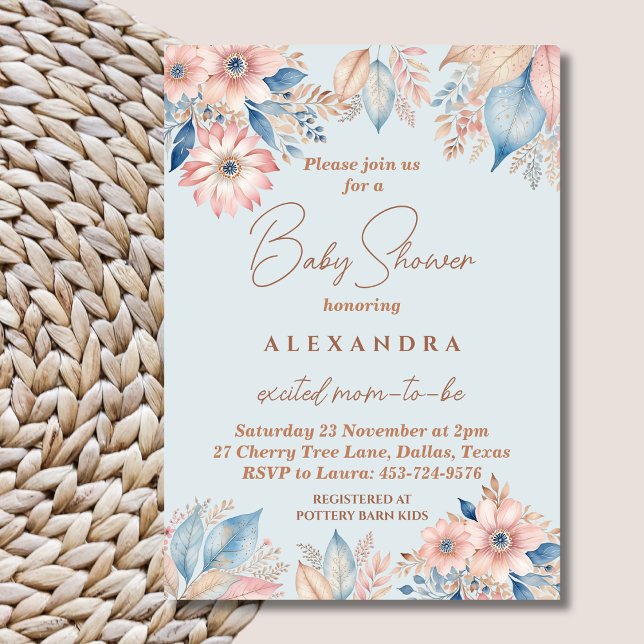 Dusty Blue Rosa Blommigt Boho Chic Baby Shower Inbjudningar (Skapare uppladdad)