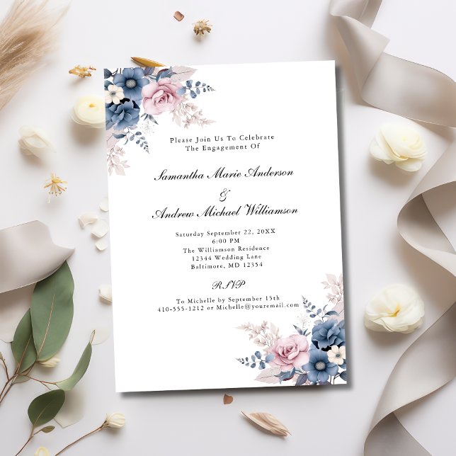 Dusty Blue  Rosa Blommigt Botanisk Förlovning Inbjudningar (Dusty Blue Blush Pink Floral Elegant Formal Engagement party invitation)