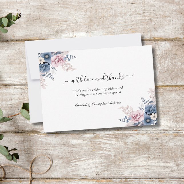 Dusty Blue  Rosa Blommigt Botaniska Bröllop Tack Kort (Dusty Blue Blush Pink Floral Botanical Watercolor Elegant Wedding Thank you cards)