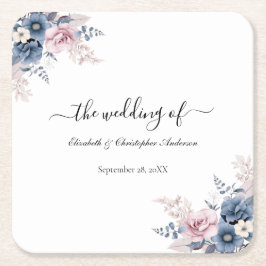Dusty Blue Rosa Blommigt Botaniska Bröllop Underlägg Papper Kvadrat