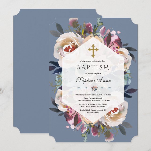 Dusty Blue Rosa Blommigt Bouquet Geometric Baptism Inbjudningar (Fram/baksida)