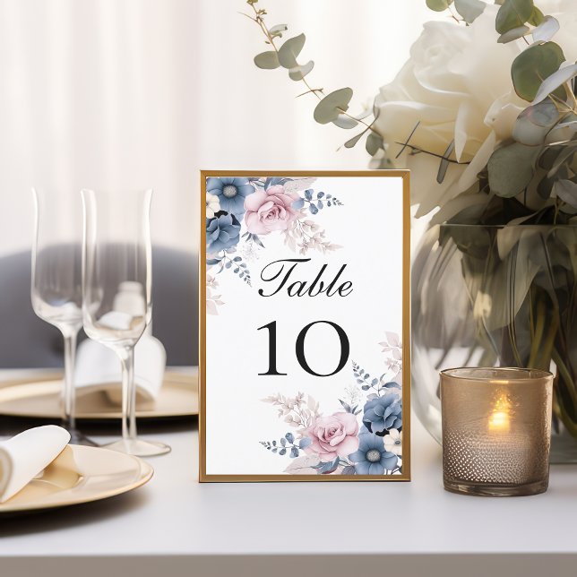 Dusty Blue  Rosa Blommigt Bröllop Bordsnummer (Dusty blue blush pink floral wedding table number cards)