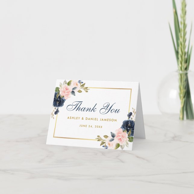 Dusty Blue Rosa  Blommigt Bröllop Guld Tack Kort (Framsida)
