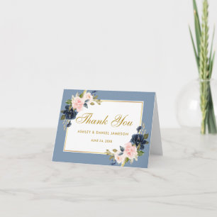 Dusty Blue Rosa Blommigt Bröllop Guld Tack Kort