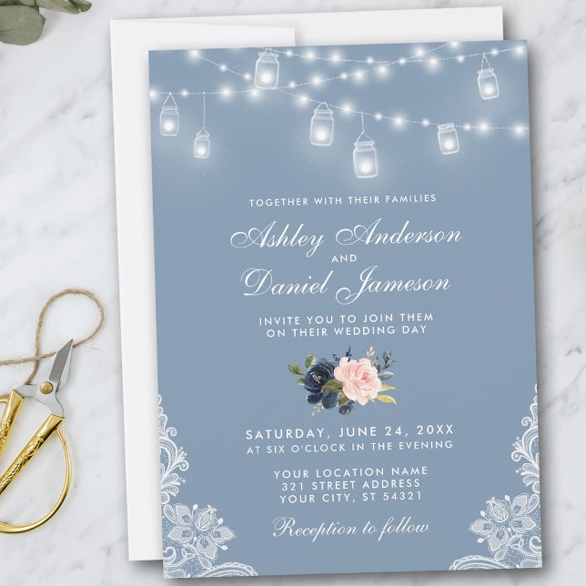 Dusty Blue Rosa Blommigt Bröllop Snöre Ljus Inbjudningar (Customize to add more text or photos to back of card.)