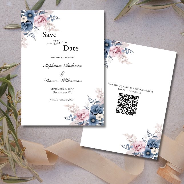 Dusty Blue  Rosa Blommigt Elegant QR-kod Spara Datumet (Dusty Blue Pink blush floral watercolor Elegant QR code wedding save the date )