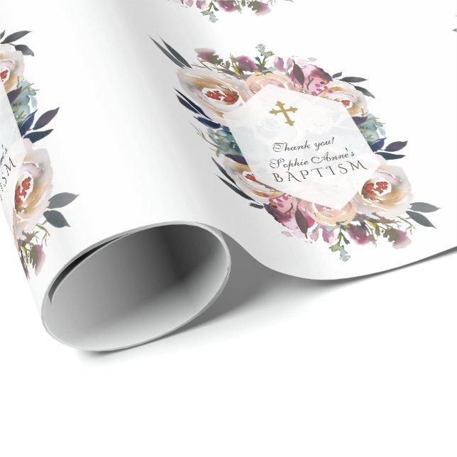 Dusty Blue Rosa Blommigt Geometric Baptism Monogra Presentpapper (Rullad Hörn)