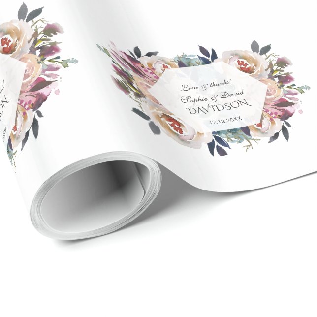 Dusty Blue Rosa Blommigt Geometric Bröllop Monogra Presentpapper (Rullad Hörn)