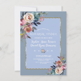 Dusty Blue Rosa Blommigt Guld Ram Rehearsal Middag Inbjudningar